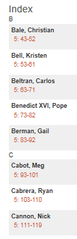 This screenshot from a biography index shows entries for names beginning with B and C, with volume and page numbers.
