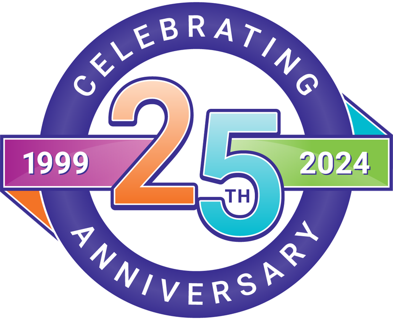 Circular logo in multiple colors that says Celebrating 25th Anniversary, 1999 - 2024