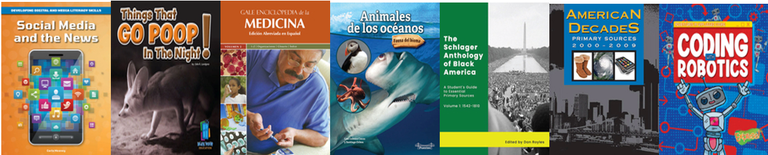 Shows the thumbnails of 7 ebooks available in the Gale eBooks databases, covering topics in science and social studies in English and Spanish