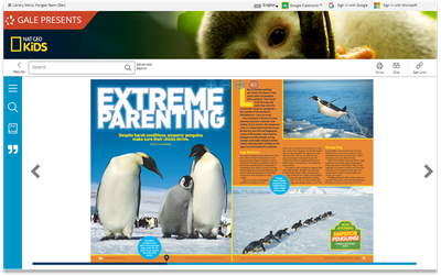 This screenshot shows a 2-page magazine spread for an article about penguins in the National Geographic Kids database. 